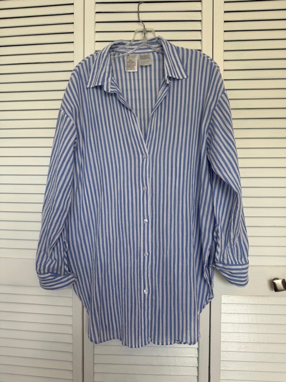 H & M. Blue and White Vertical Stripe Button-Up Shirt/cover-up